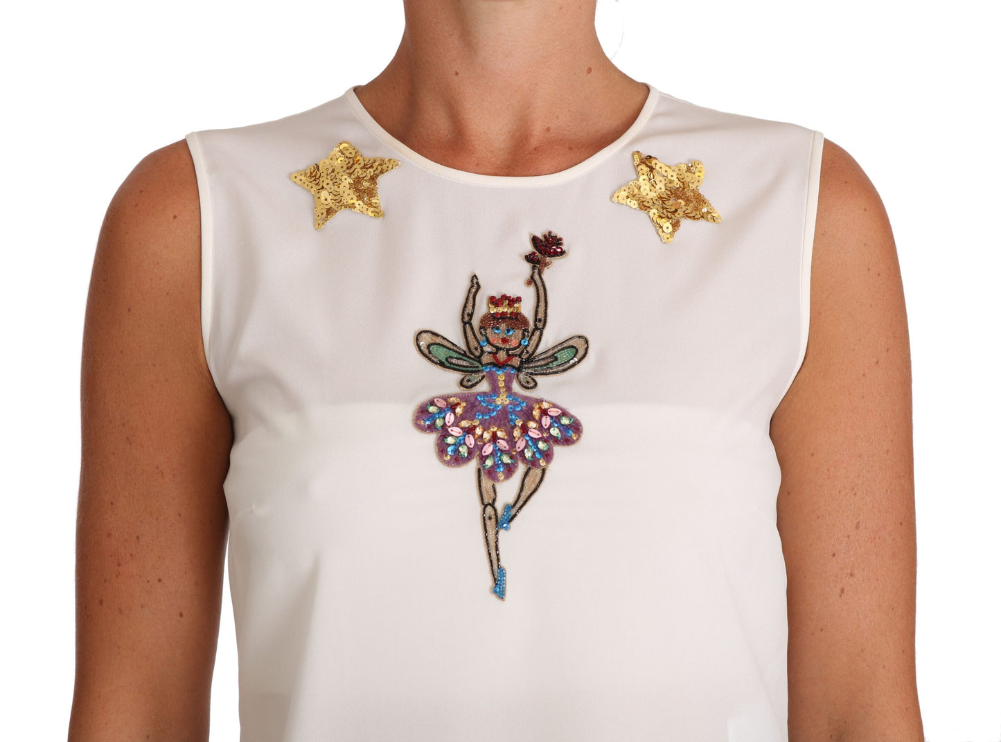Dolce & Gabbana Weißes Seidentop mit Pailletten und Kristallverzierung