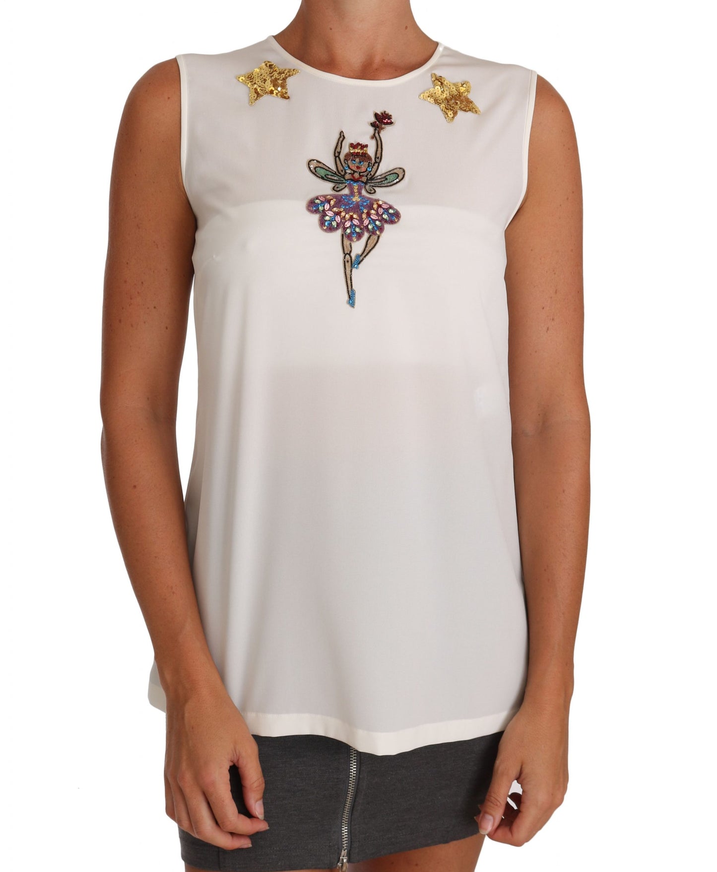 Dolce & Gabbana Weißes Seidentop mit Pailletten und Kristallverzierung