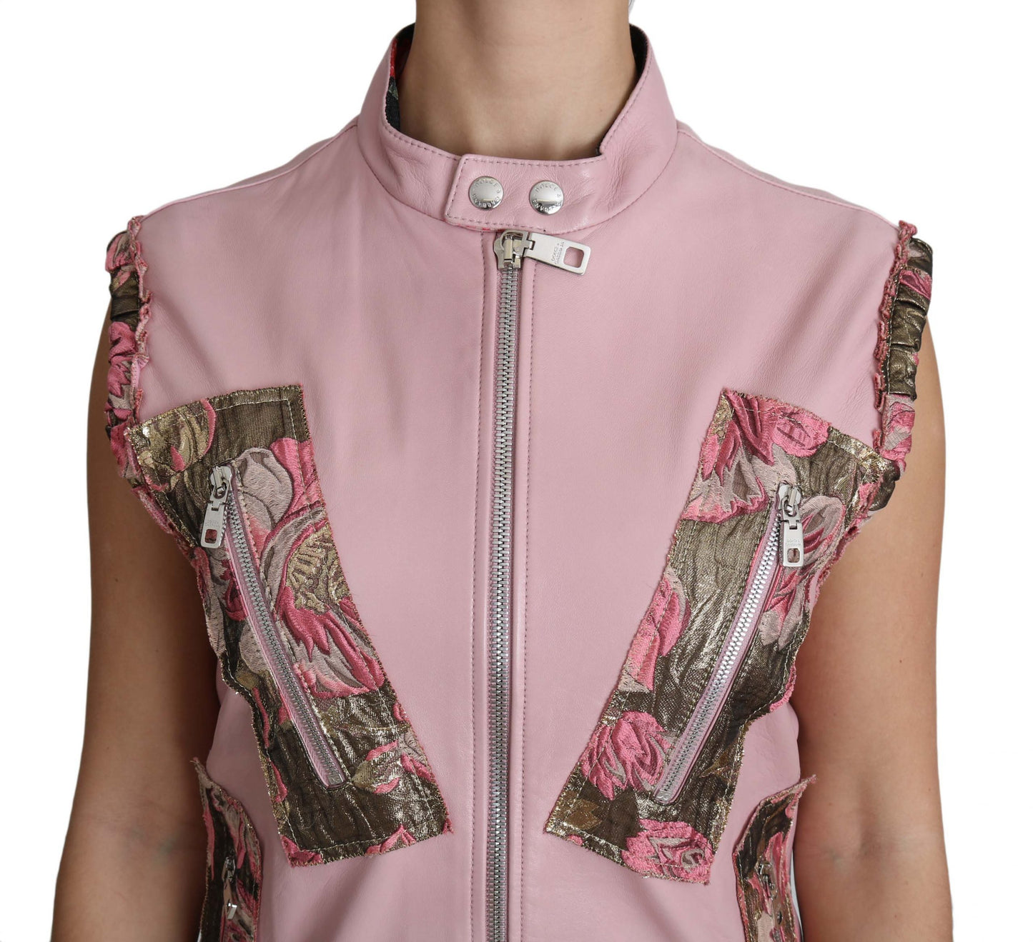 Dolce & Gabbana Rosa ärmellose Weste mit Reißverschluss aus Lammleder