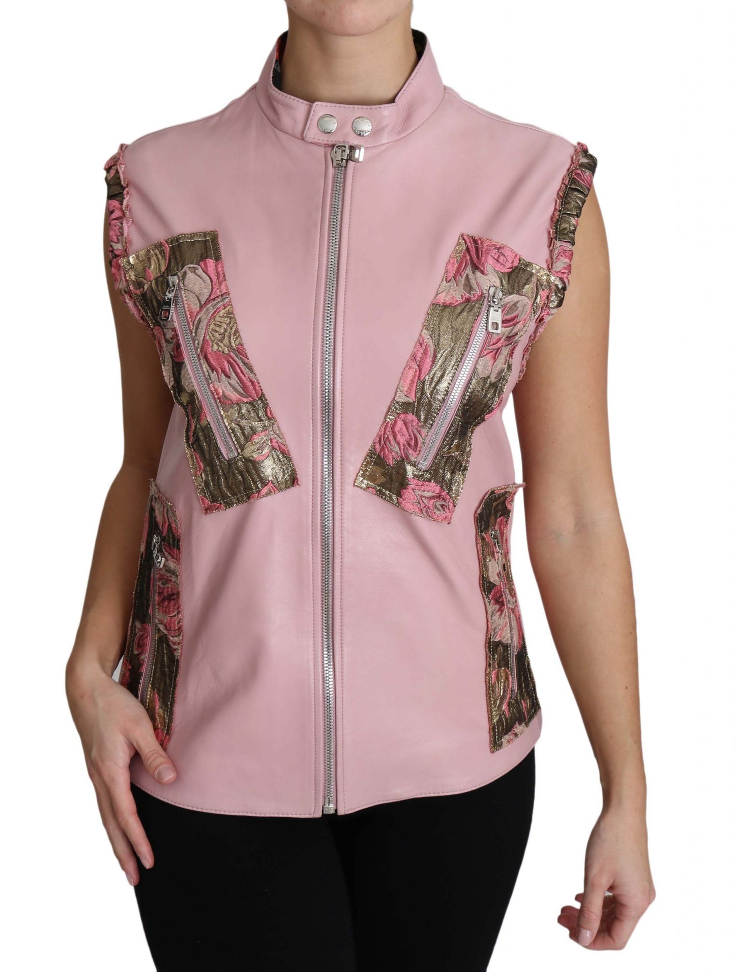 Dolce & Gabbana Rosa ärmellose Weste mit Reißverschluss aus Lammleder