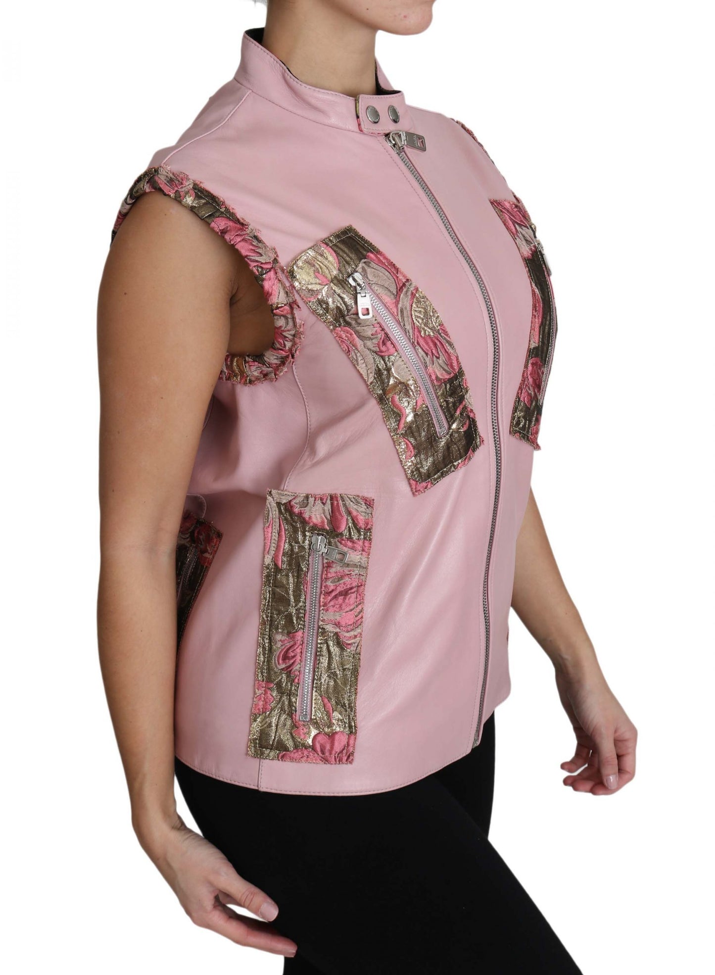 Dolce & Gabbana Rosa ärmellose Weste mit Reißverschluss aus Lammleder