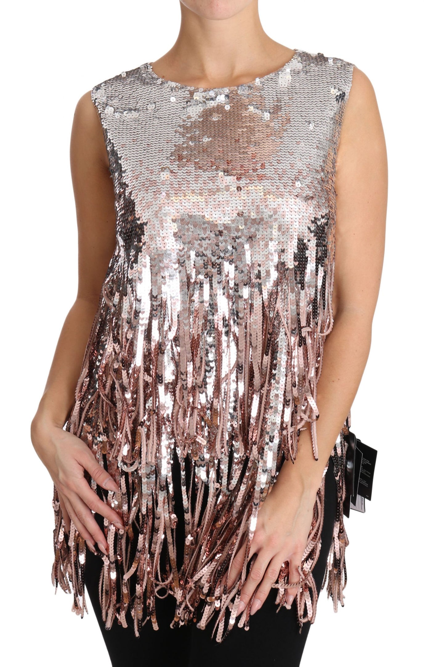 Dolce & Gabbana Goldenes rosa Pailletten-Fransen-Tanktop