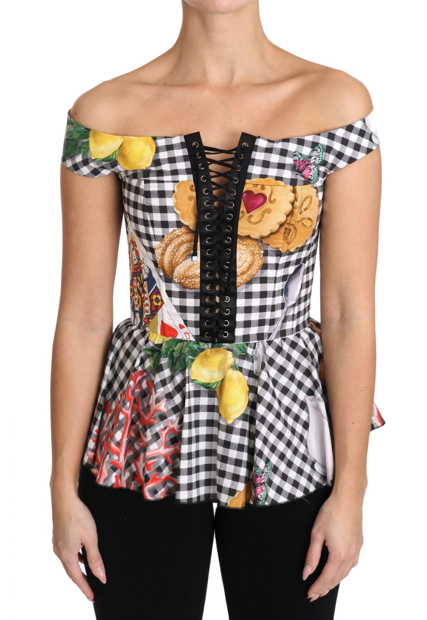 Dolce & Gabbana Schwarz-weiße Korsettbluse Sicily Lemon Check Top