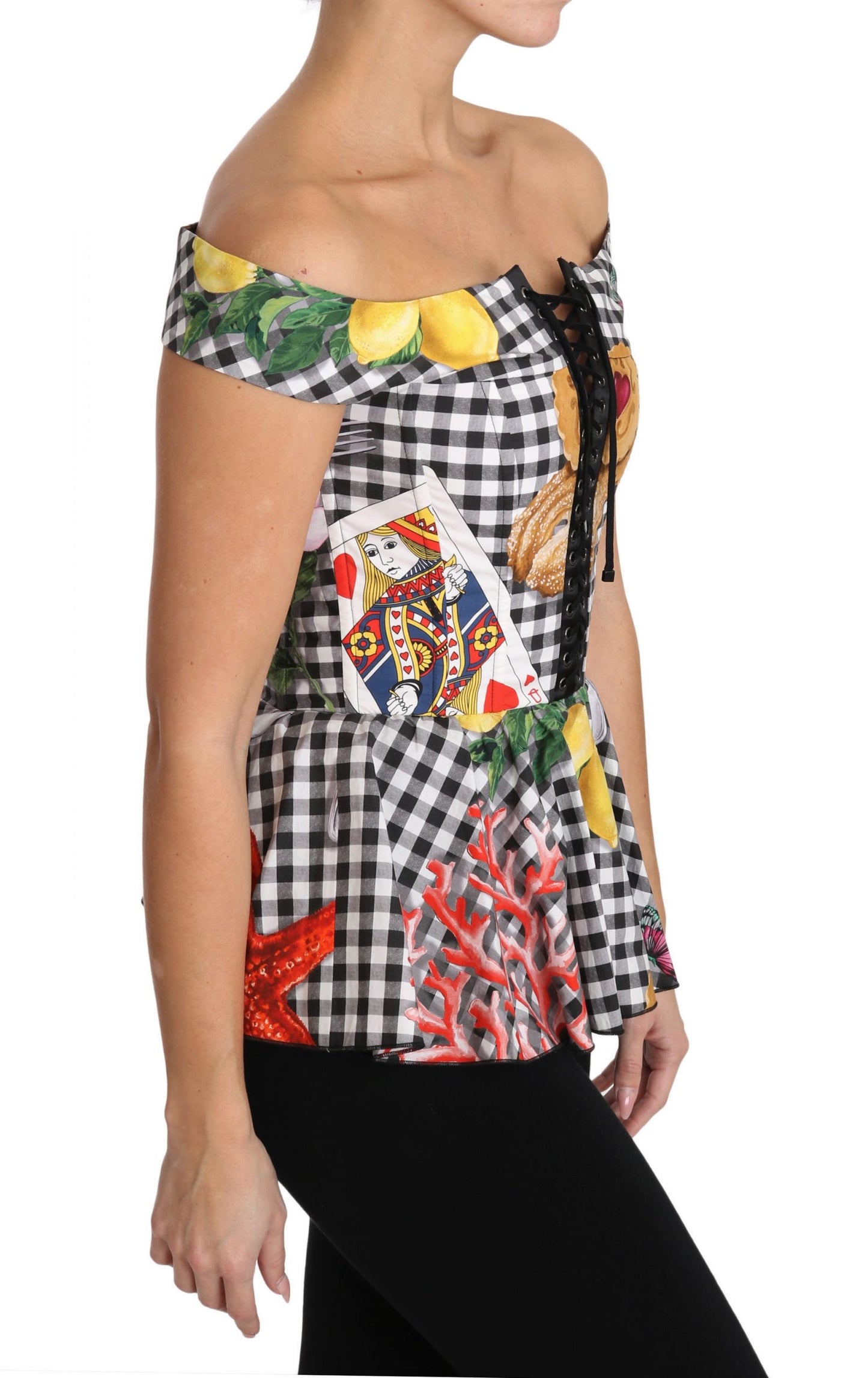 Dolce & Gabbana Schwarz-weiße Korsettbluse Sicily Lemon Check Top