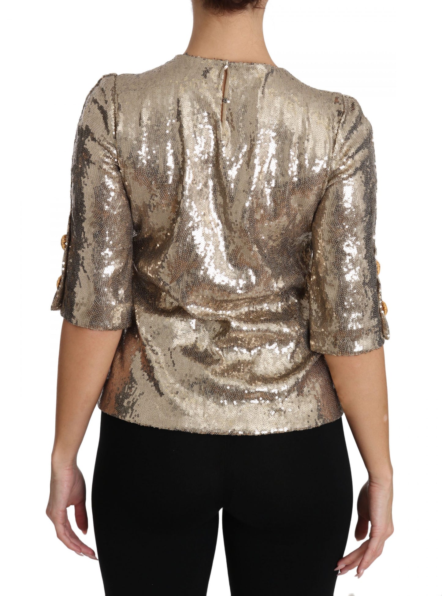Dolce & Gabbana Goldfarbene Pailletten-Papageien-Kristallbluse