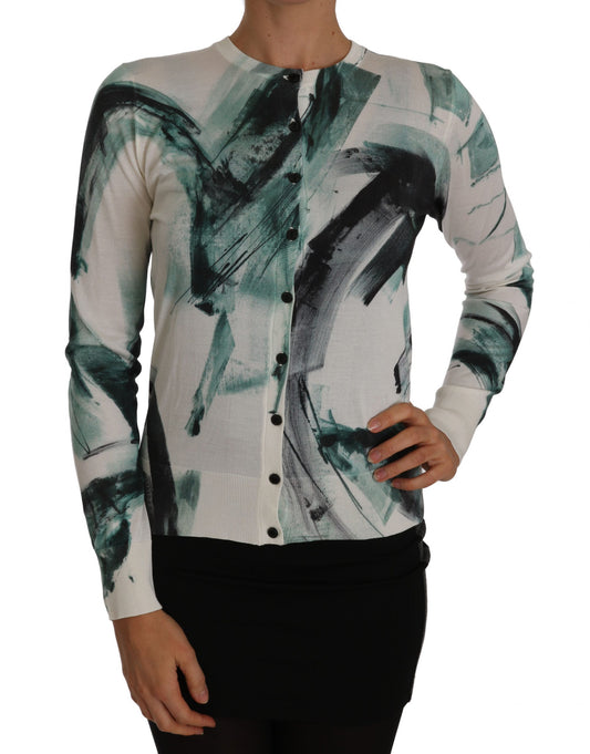 Dolce & Gabbana Weißer Seiden-Cardigan Leichter Pinselstrich-Pullover