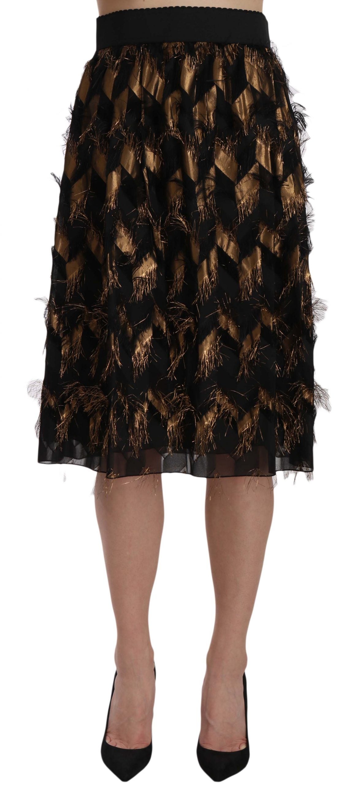 Dolce & Gabbana Schwarzer Goldfransen-Metallic-Bleistiftrock in A-Linie