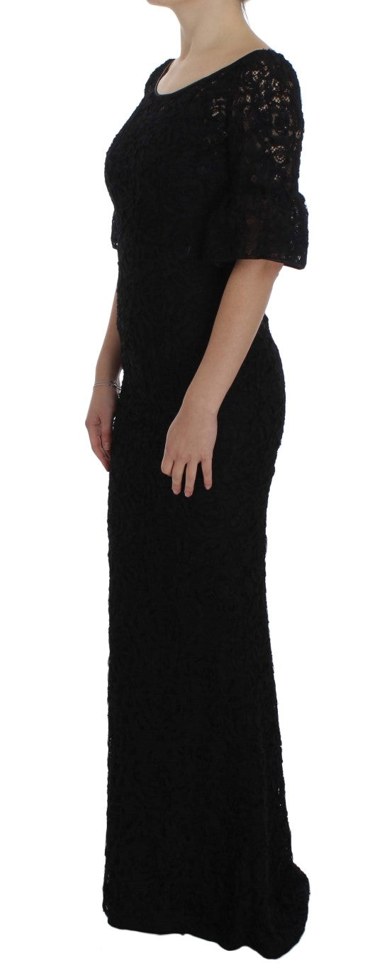 Dolce & Gabbana Schwarzes geblümtes langes Bodycon-Maxi-Kleid aus Spitze