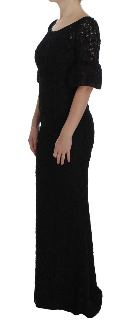 Dolce & Gabbana Schwarzes geblümtes langes Bodycon-Maxi-Kleid aus Spitze