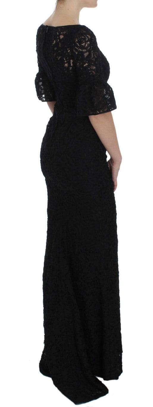 Dolce & Gabbana Schwarzes geblümtes langes Bodycon-Maxi-Kleid aus Spitze