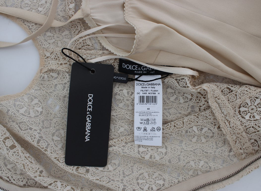 Dolce & Gabbana Beige Ricamo Baumwoll-Etuikleid mit Ausschnitt