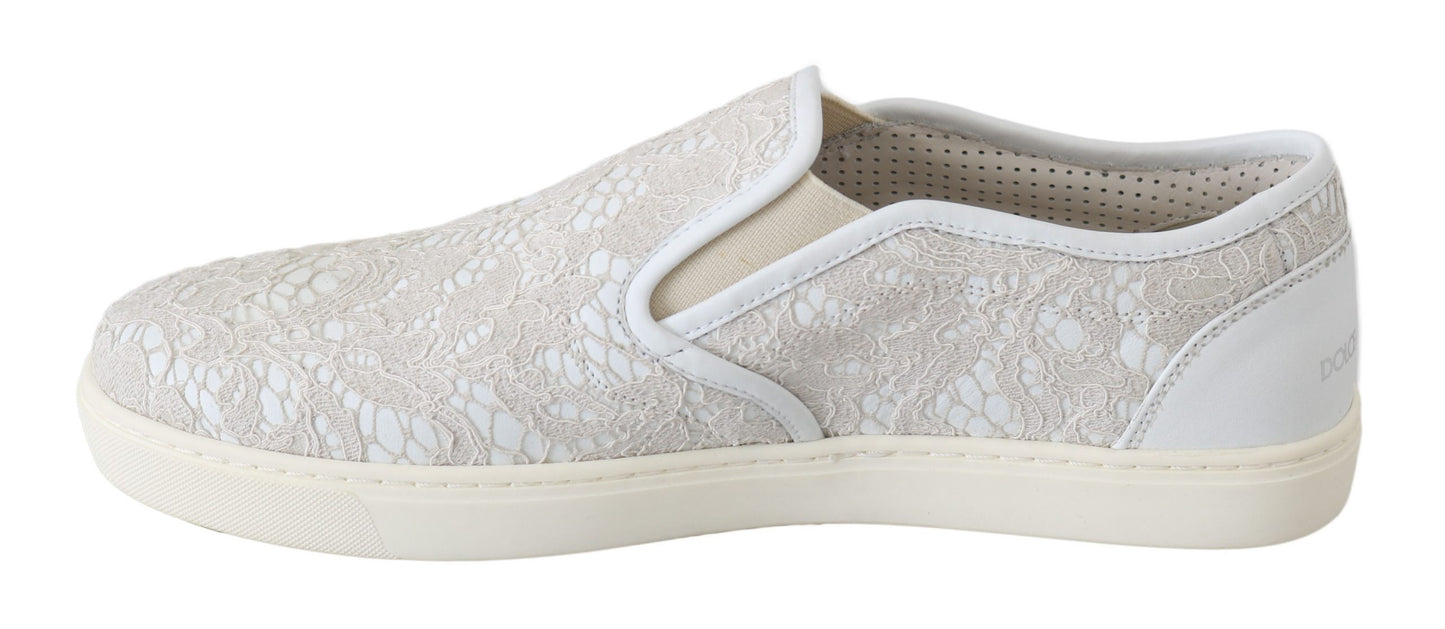Dolce & Gabbana Weiße Leder Spitze Slip On Loafers Schuhe
