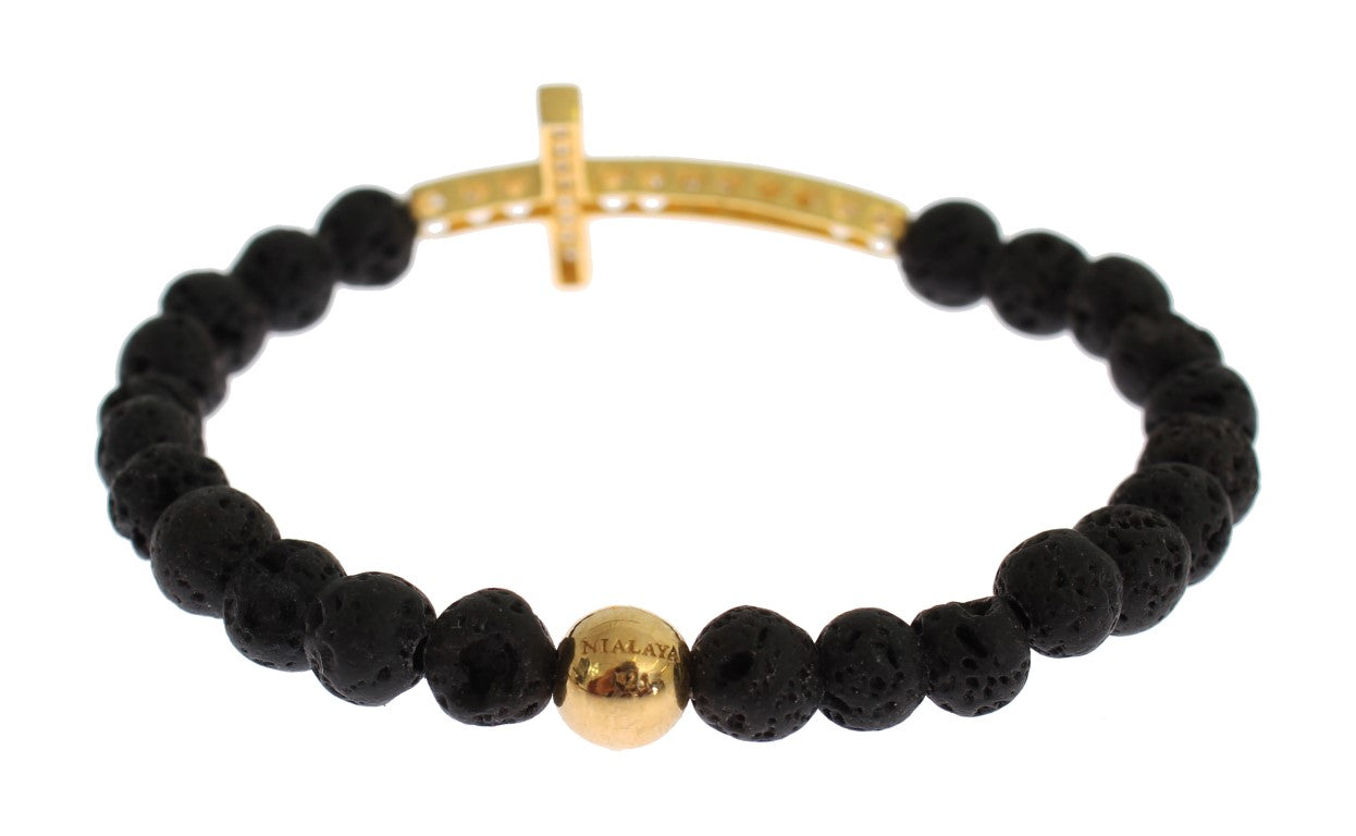Nialaya Lava Stein Gold Klar CZ Kreuz 925 Silber Armband