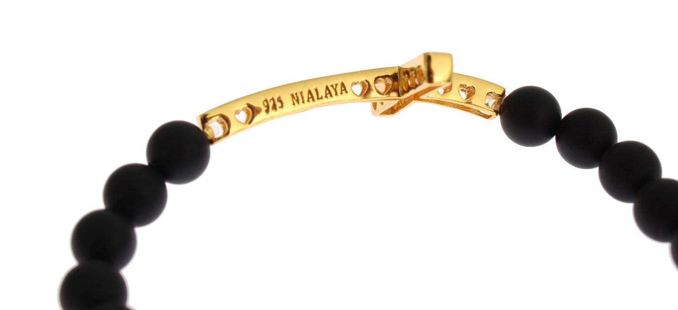 Nialaya Mattes Onyx Stein Gold CZ Kreuz 925 Silber Armband