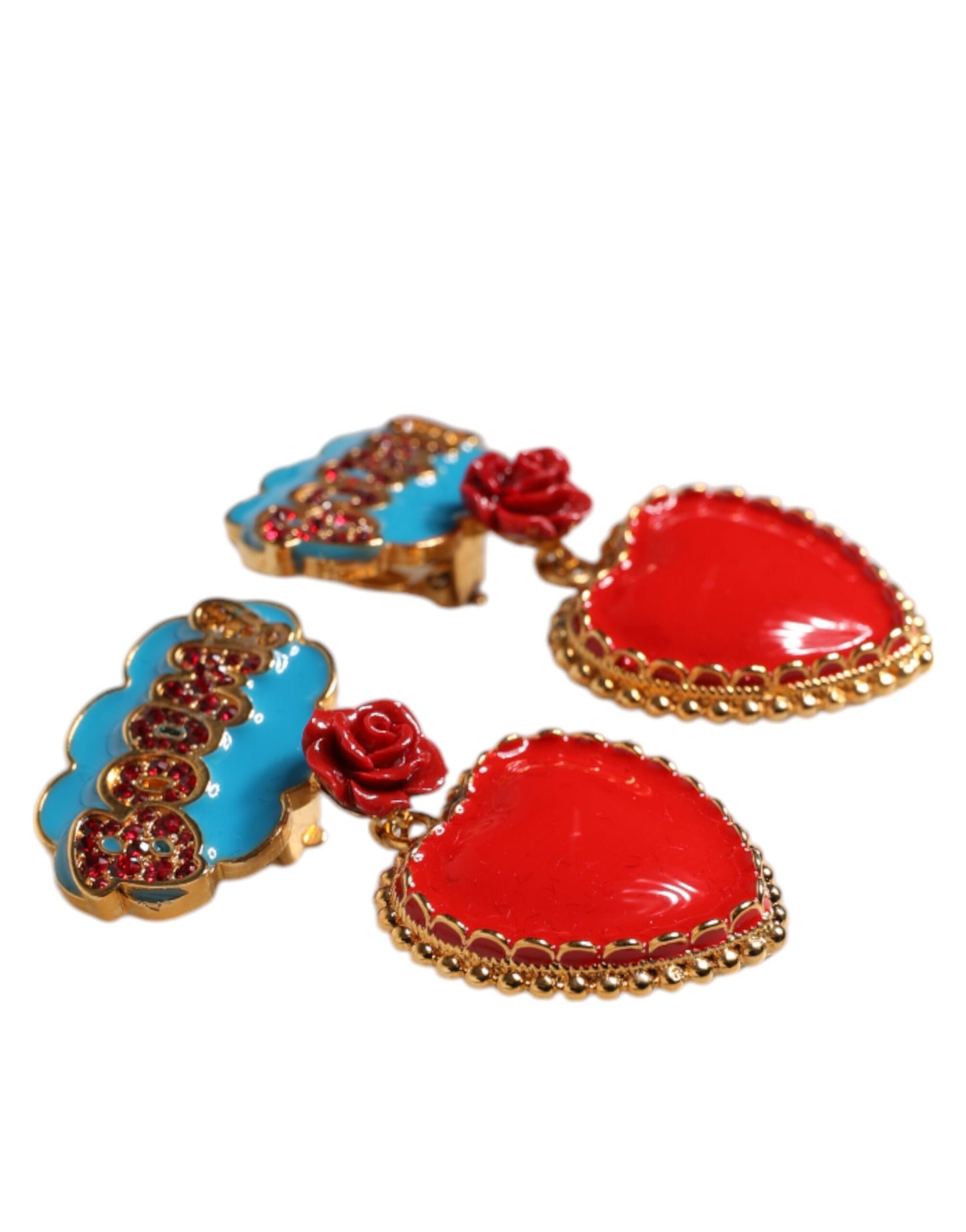 Gold Heart BOOM Cartoon Crystal Clip-On Earrings