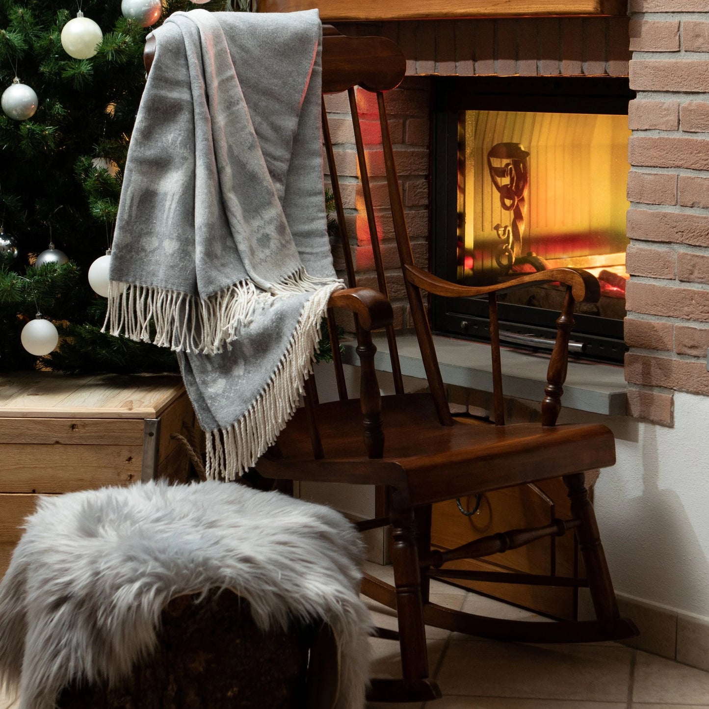 Plaid Babele aus recycelter Baumwolle Weihnachtsmotiv grau