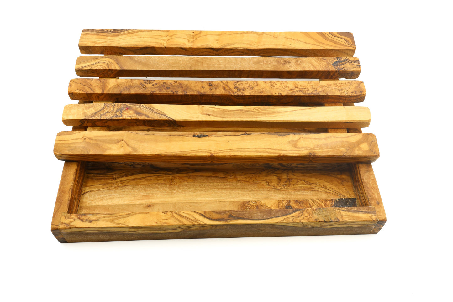 Olive wood rectangular bread cutting board with crumb catcher