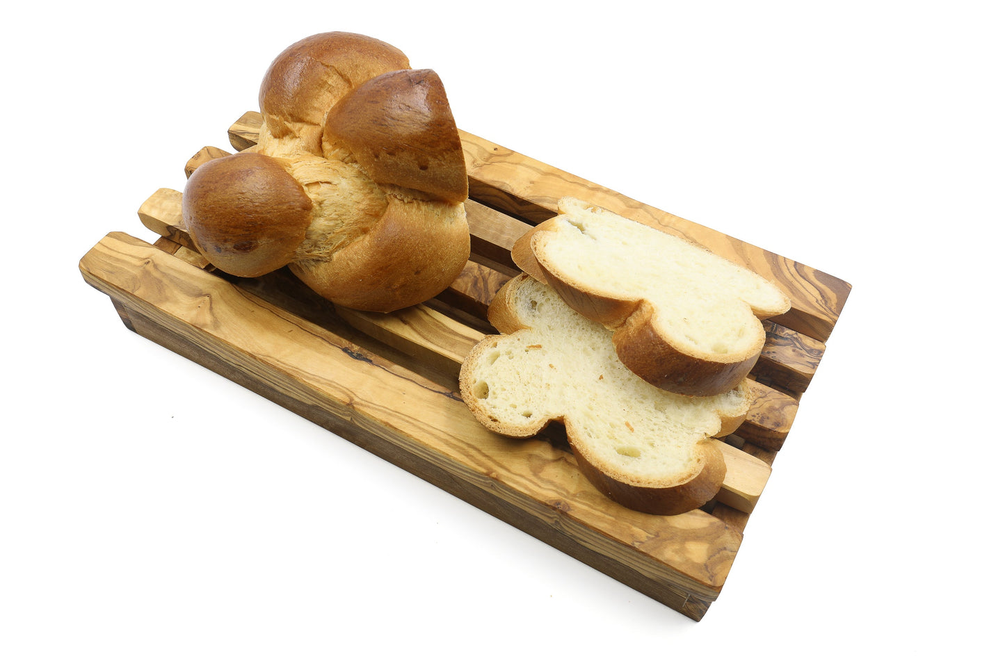 Olive wood rectangular bread cutting board with crumb catcher