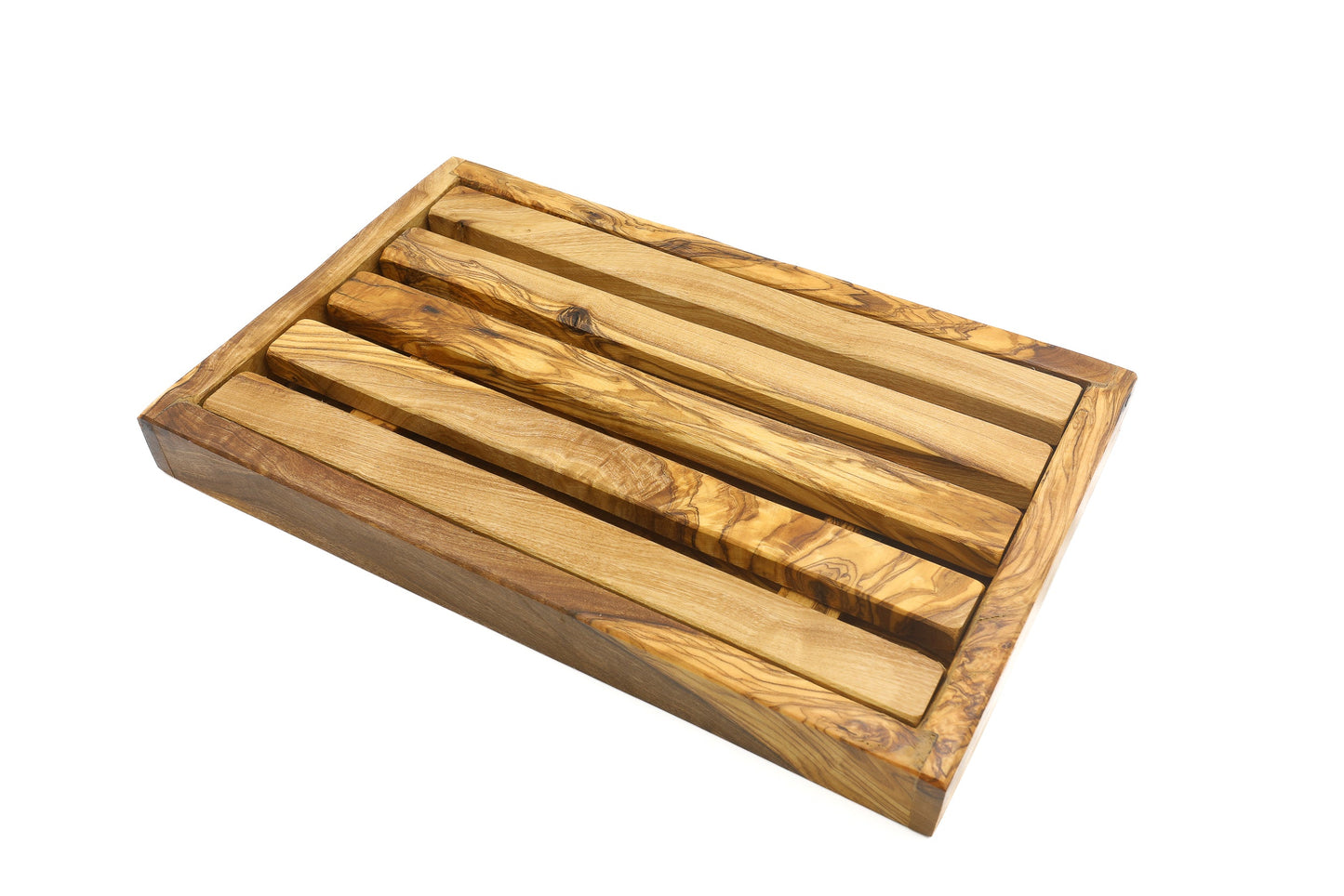 Olive wood rectangular bread cutting board with crumb catcher