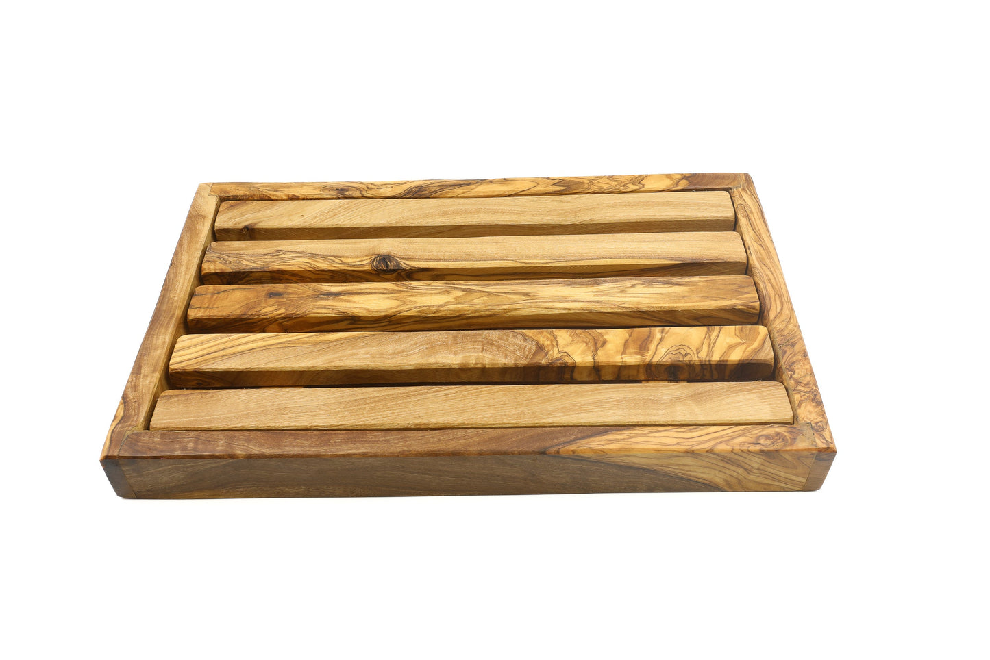 Olive wood rectangular bread cutting board with crumb catcher