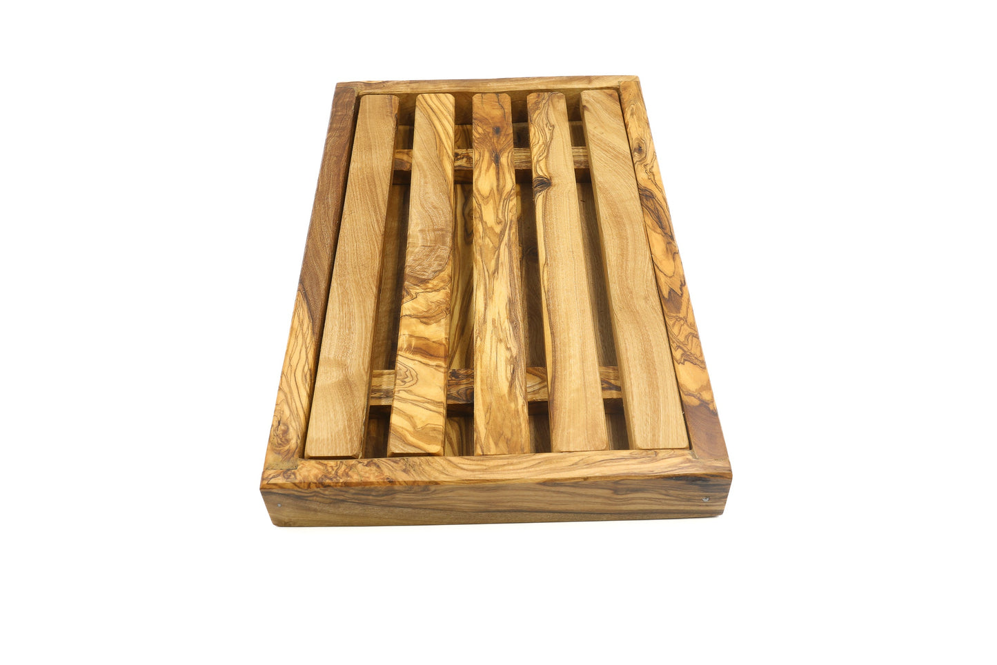 Olive wood rectangular bread cutting board with crumb catcher