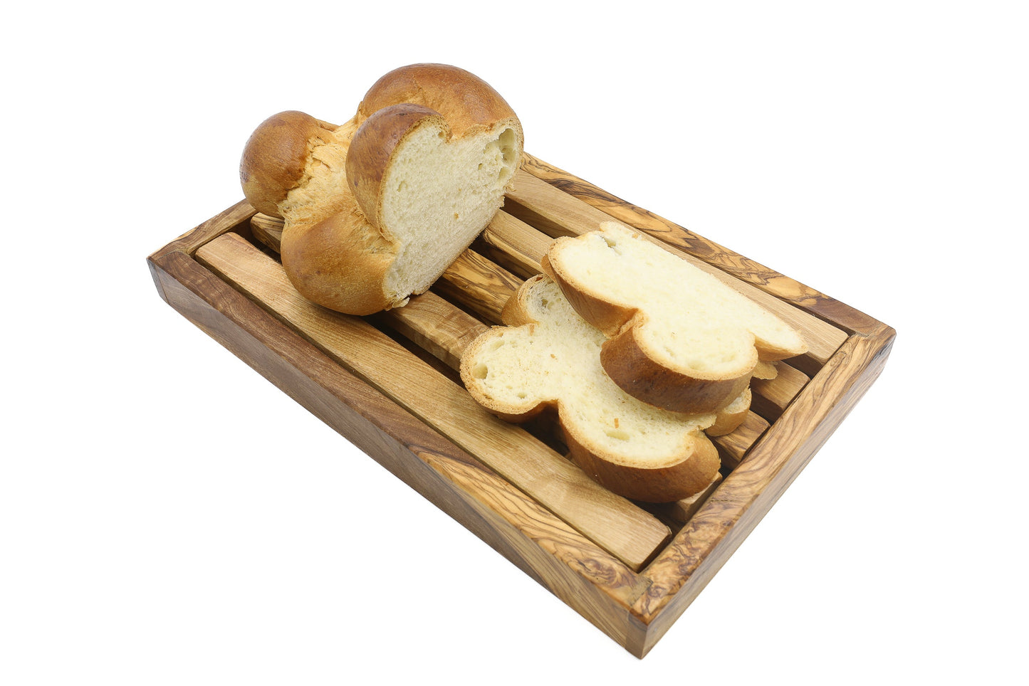 Olive wood rectangular bread cutting board with crumb catcher