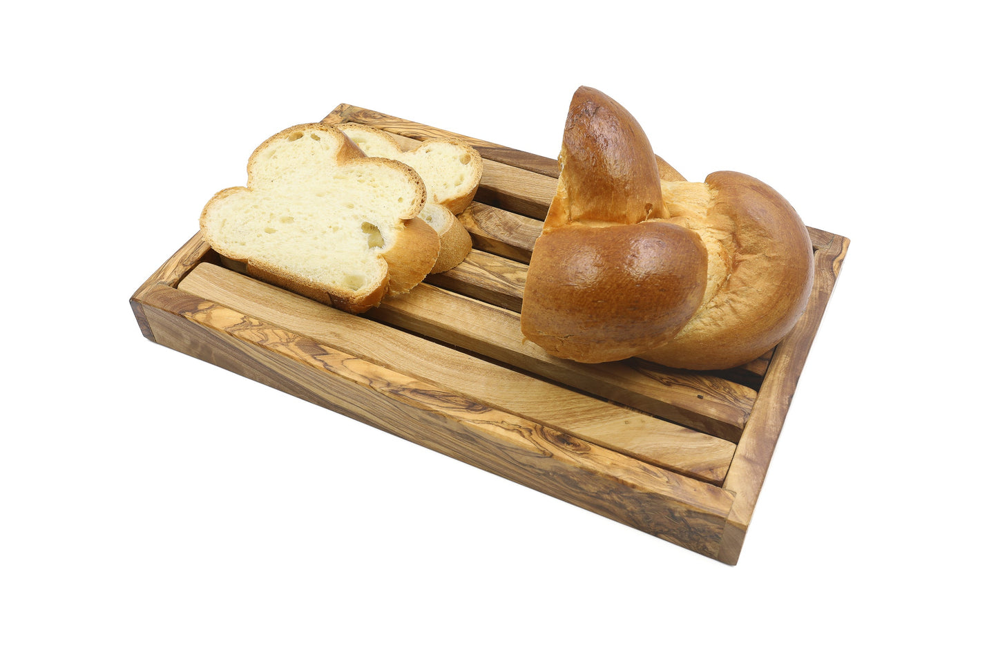 Olive wood rectangular bread cutting board with crumb catcher