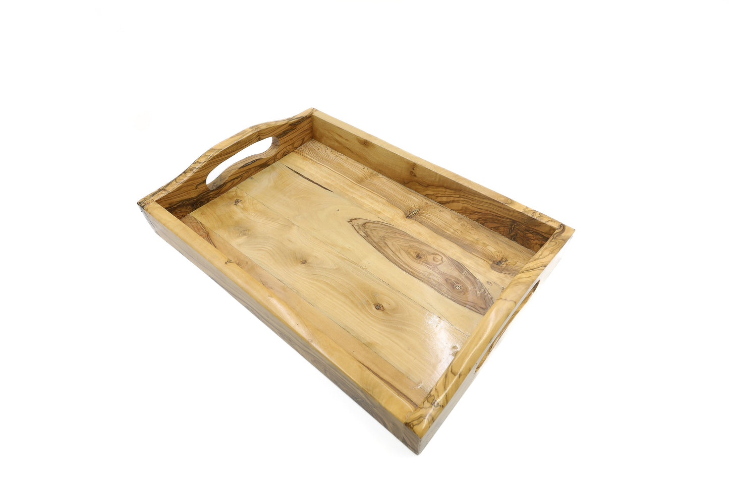 Rectangular olive wood serving tray with handles