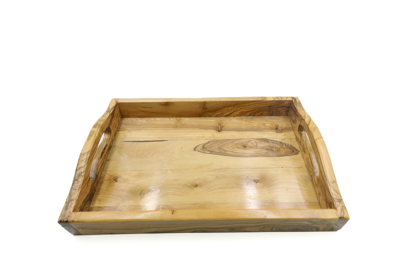 Rectangular olive wood serving tray with handles