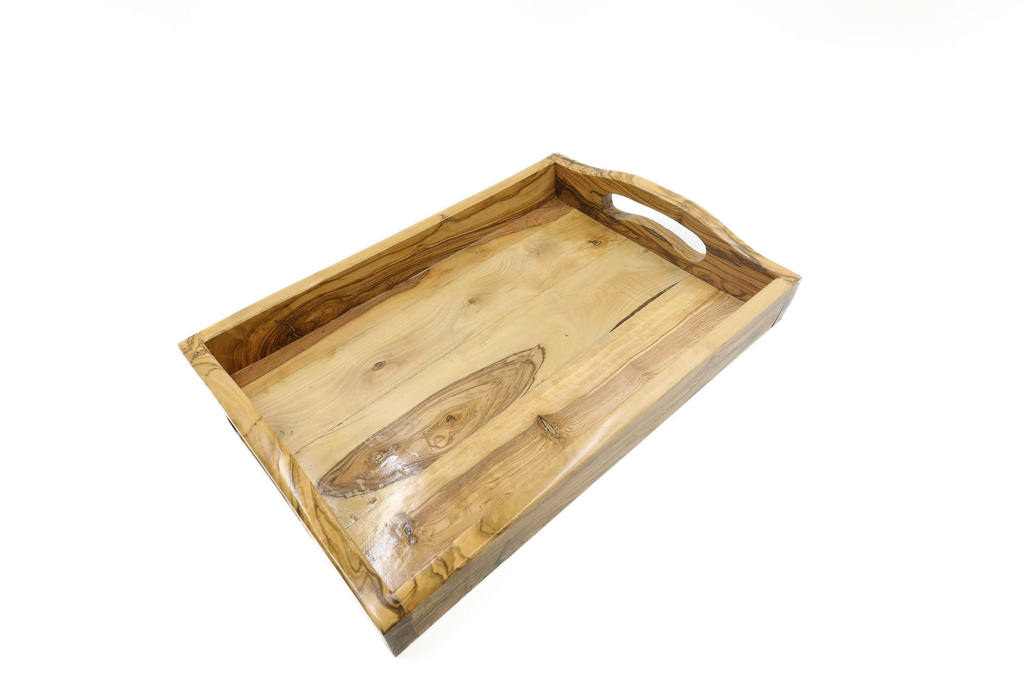 Rectangular olive wood serving tray with handles