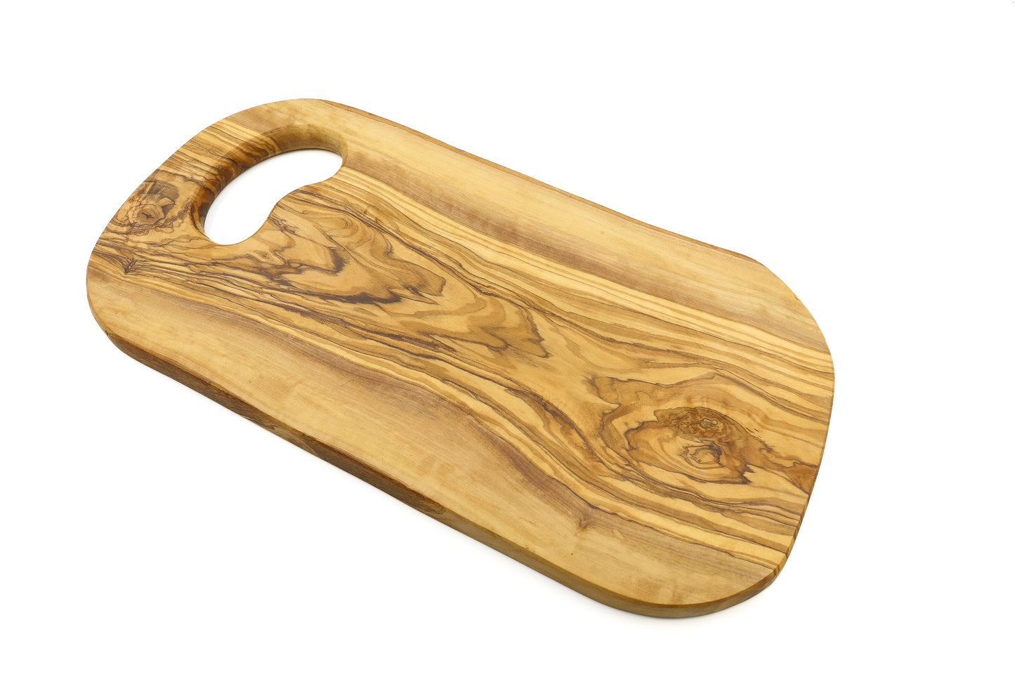 Olive wood cutting board with in-hand handle, organic shape