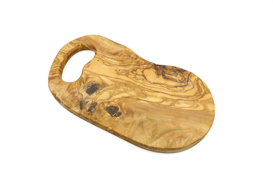 Olive wood cutting board with in-hand handle, organic shape