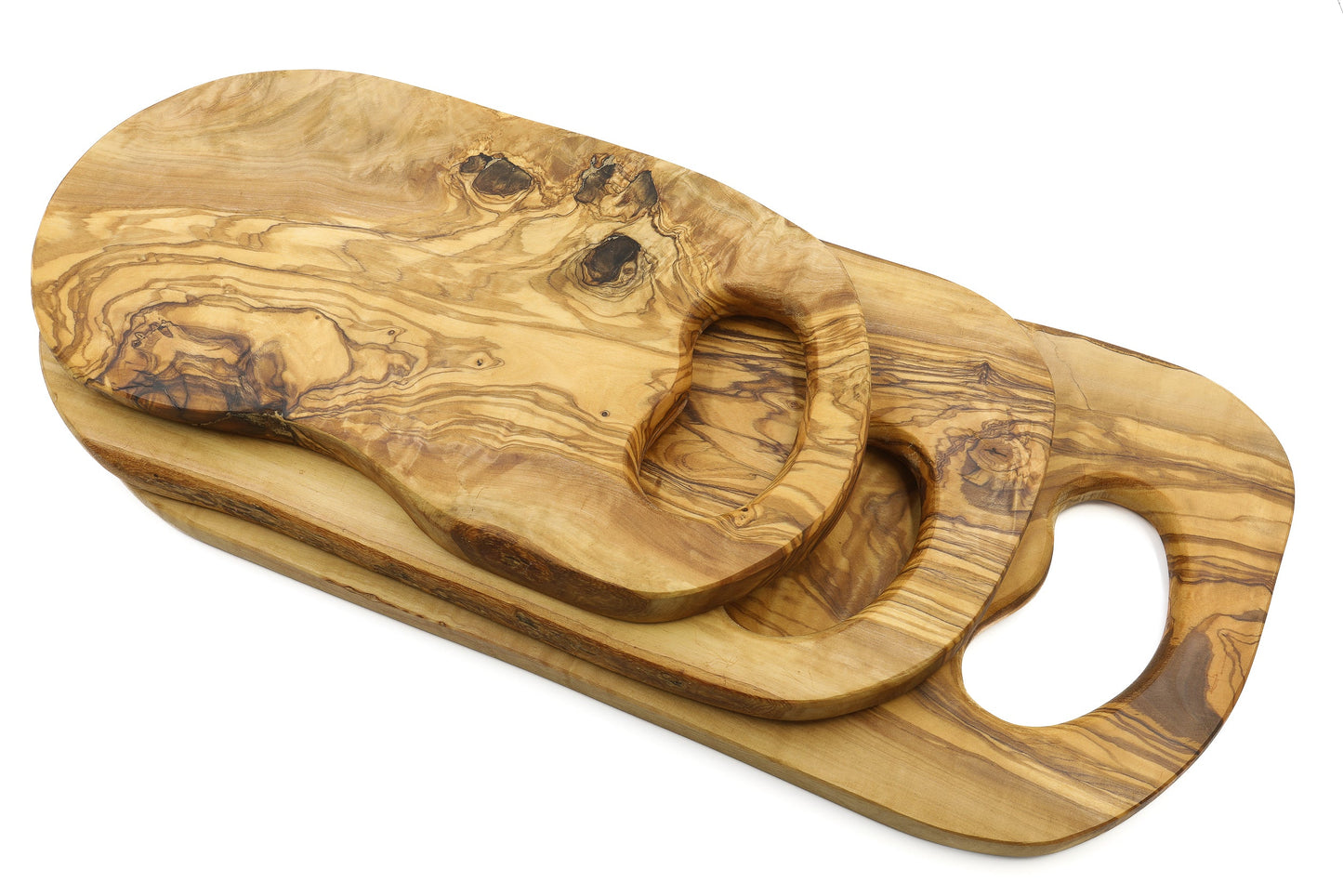 Olive wood cutting board with in-hand handle, organic shape