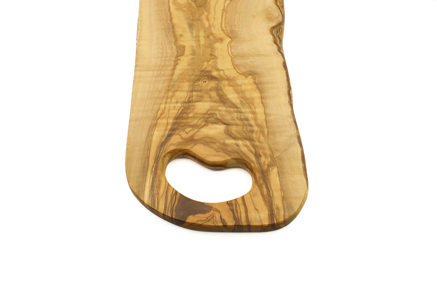 Olive wood cutting board with in-hand handle, organic shape