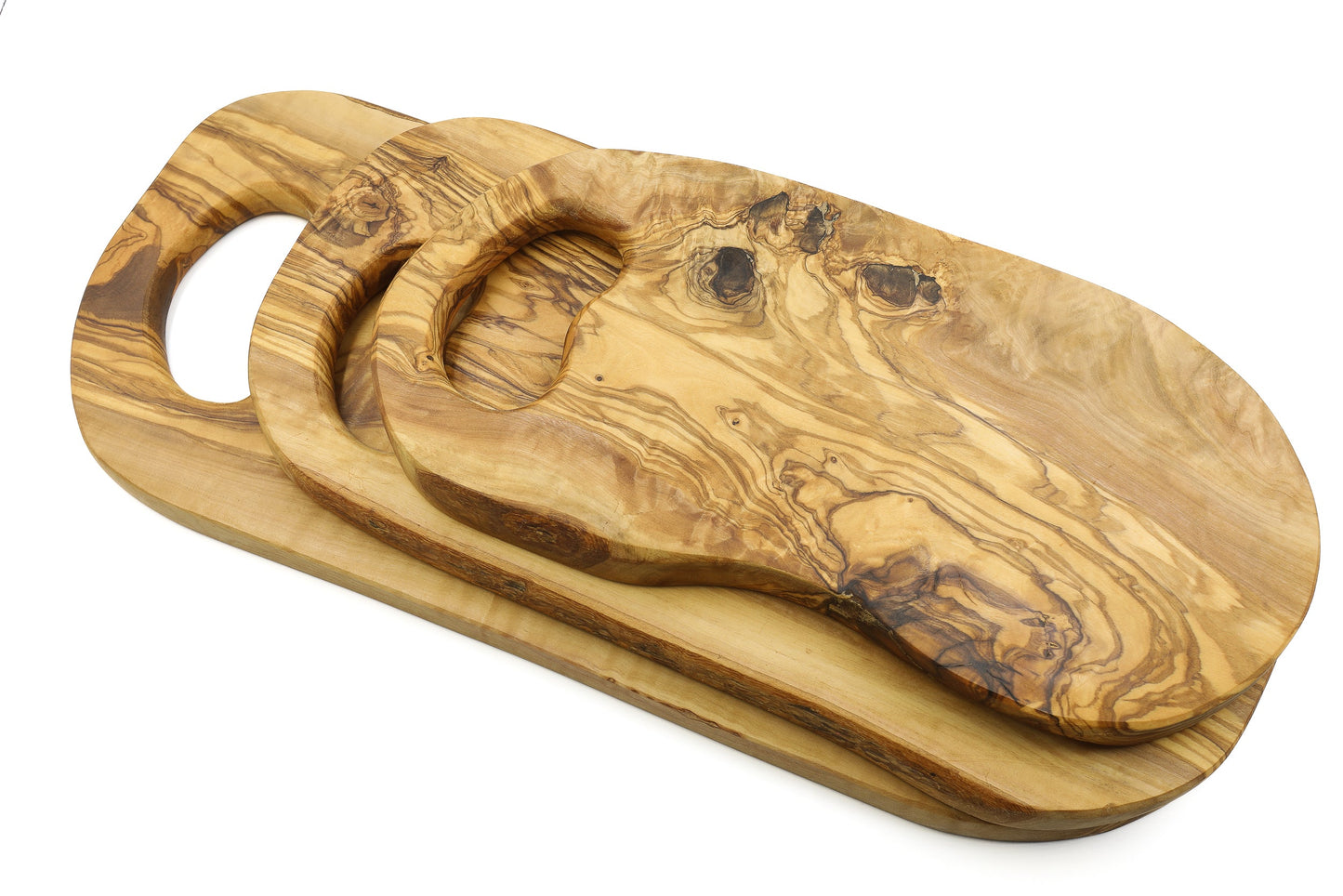 Olive wood cutting board with in-hand handle, organic shape