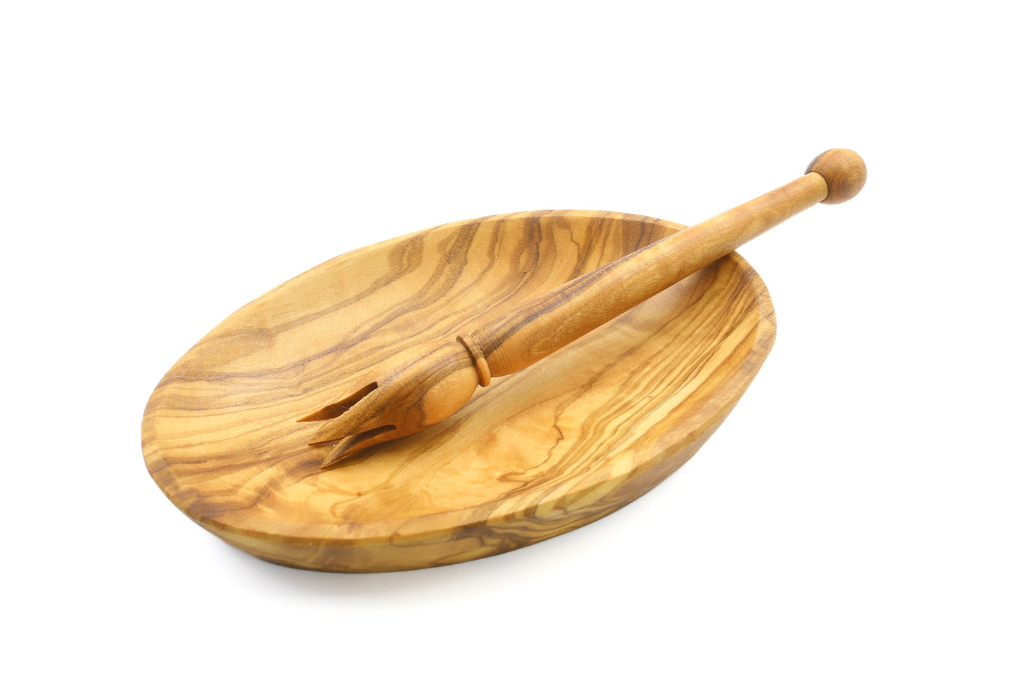 Oval bowl with olive picker set handmade of olive wood