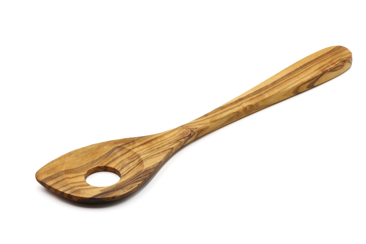 Olive wood pointed stirring and mixing spoon with central hole