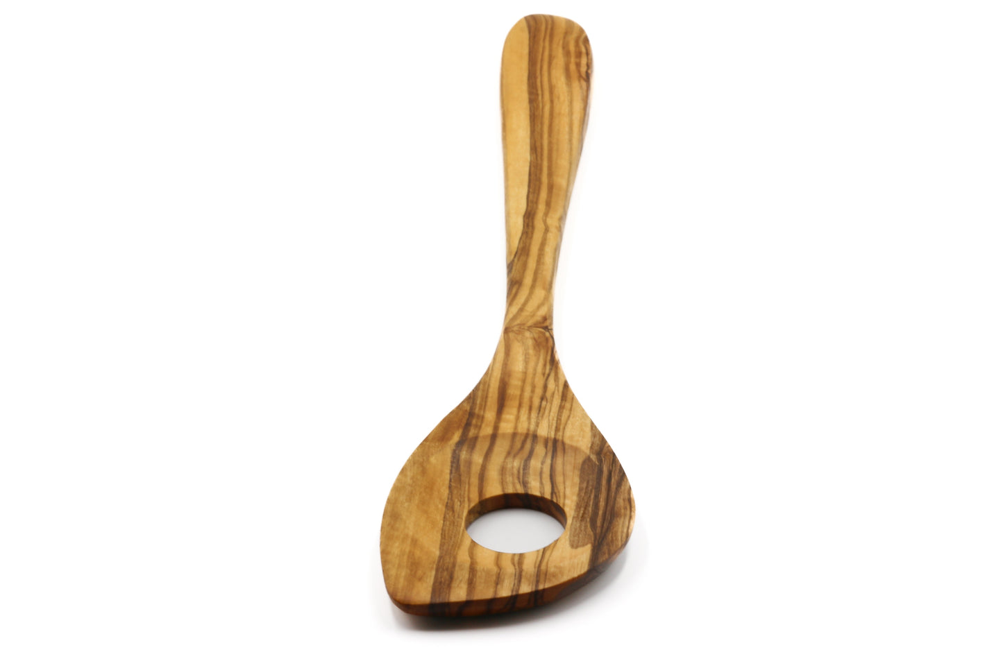 Olive wood pointed stirring and mixing spoon with central hole
