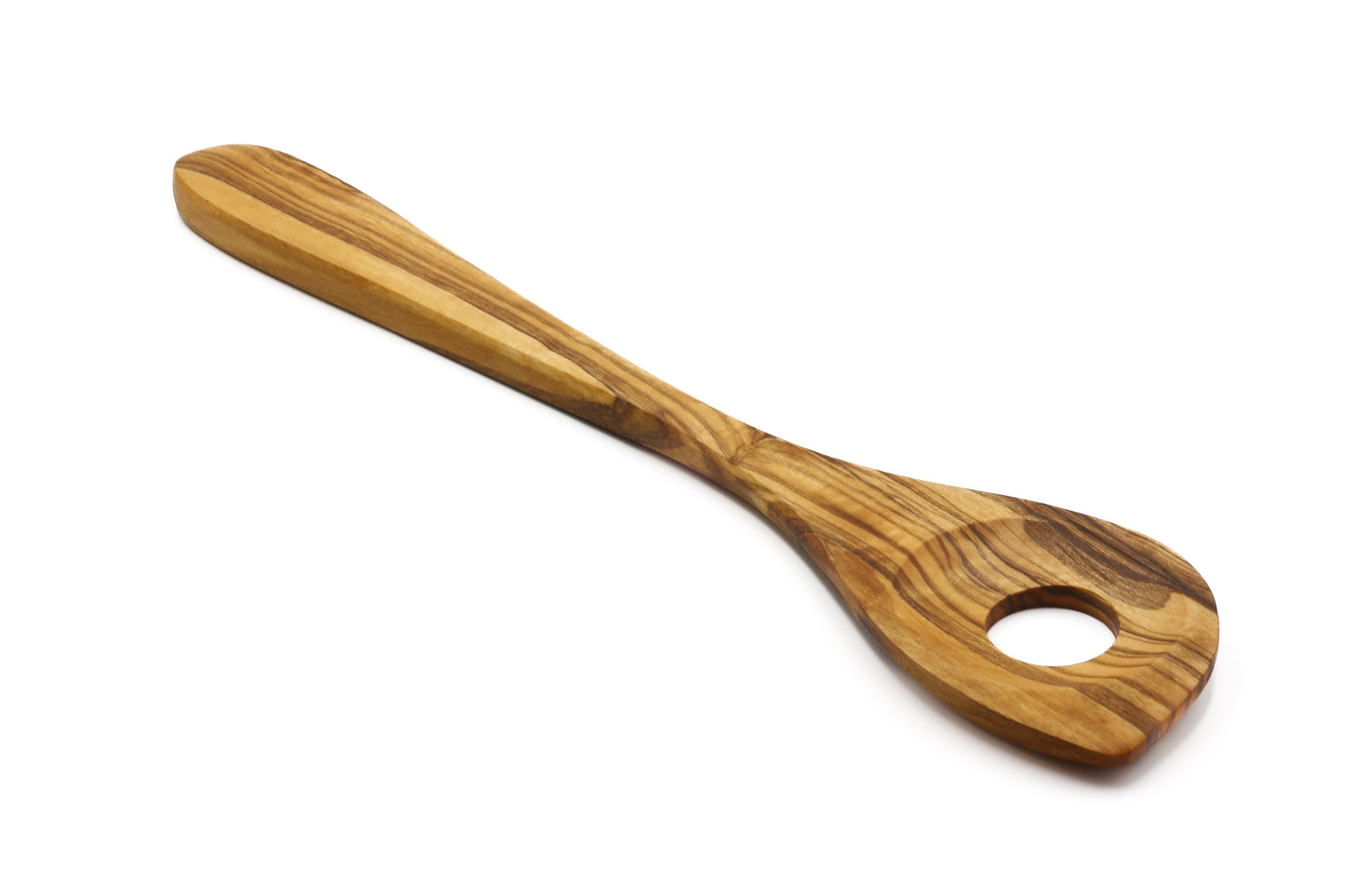 Olive wood pointed stirring and mixing spoon with central hole