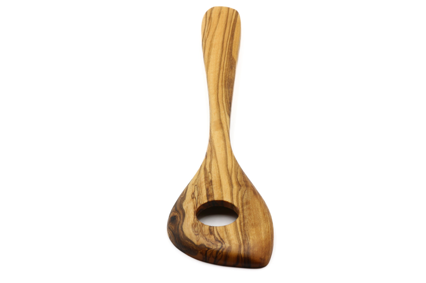 Olive wood pointed stirring and mixing spoon with central hole