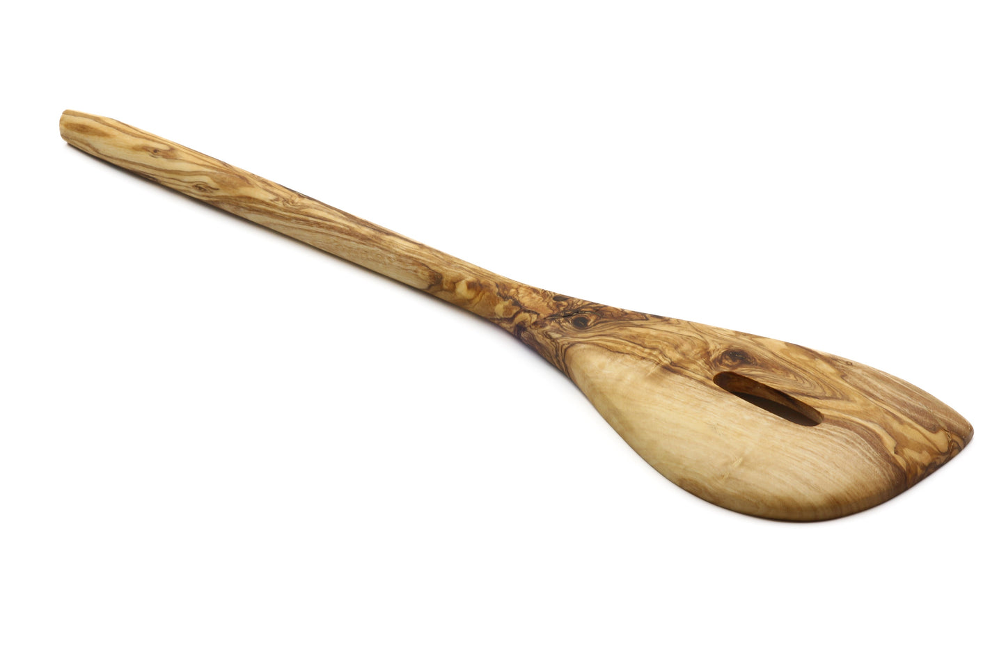 Olive wood pointed stirring and mixing spoon with central hole
