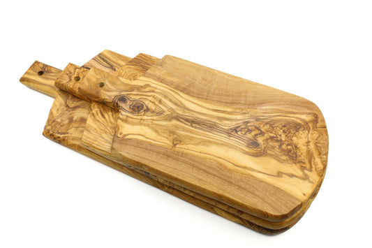 Shield-shaped olive wood serving board with handle