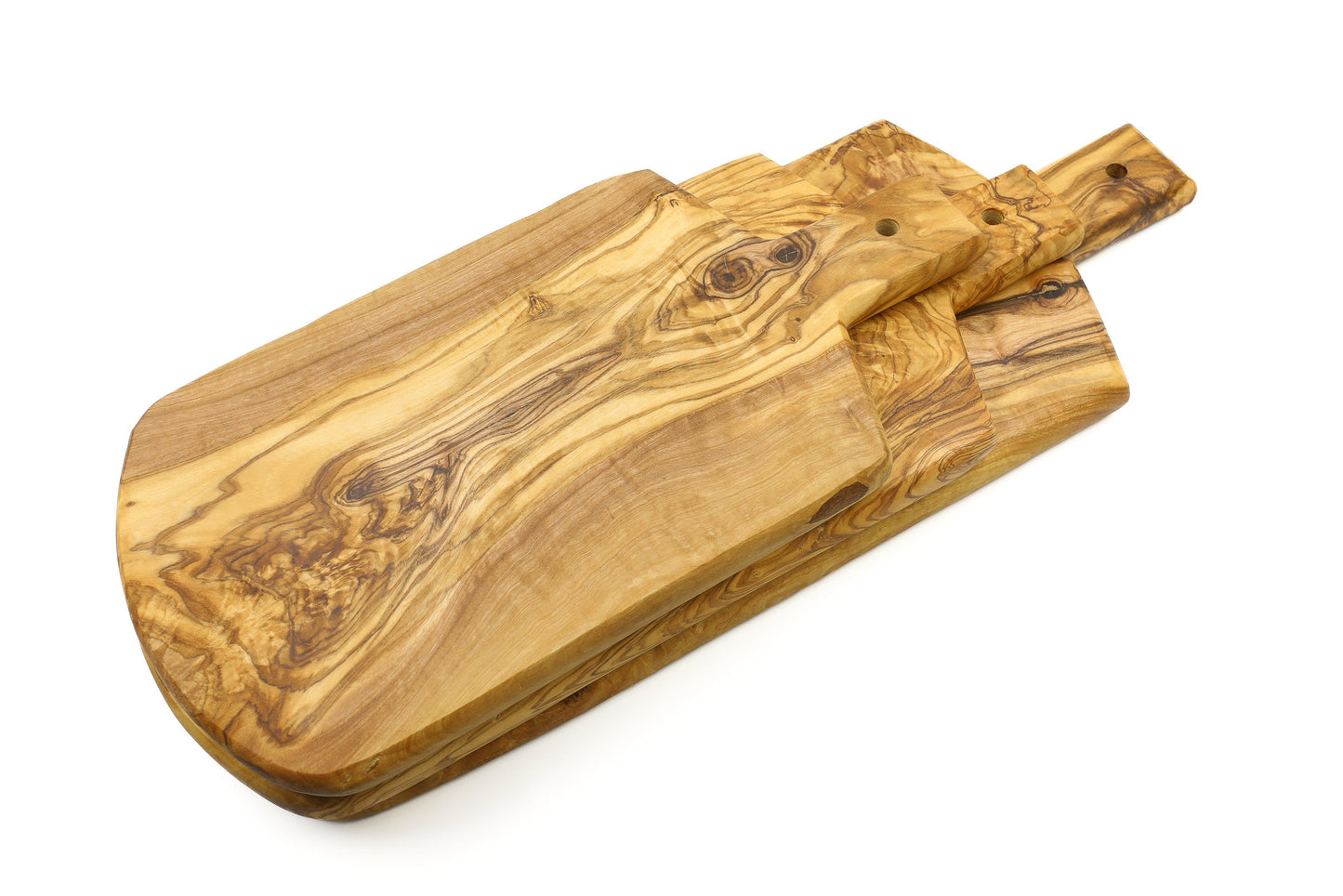 Shield-shaped olive wood serving board with handle