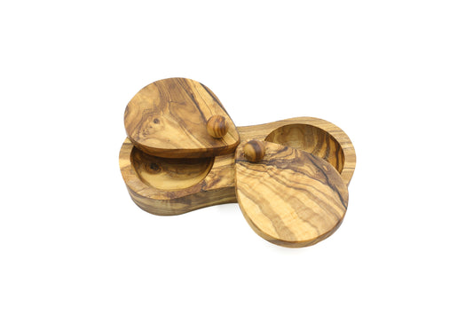 Olive wood salt and spice box with two compartments