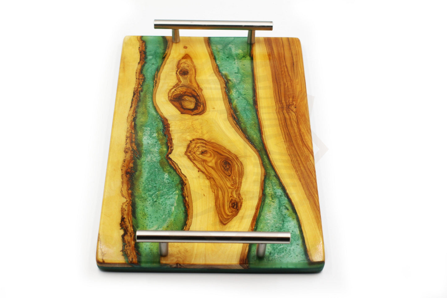 Rectangular olive wood serving tray with handles