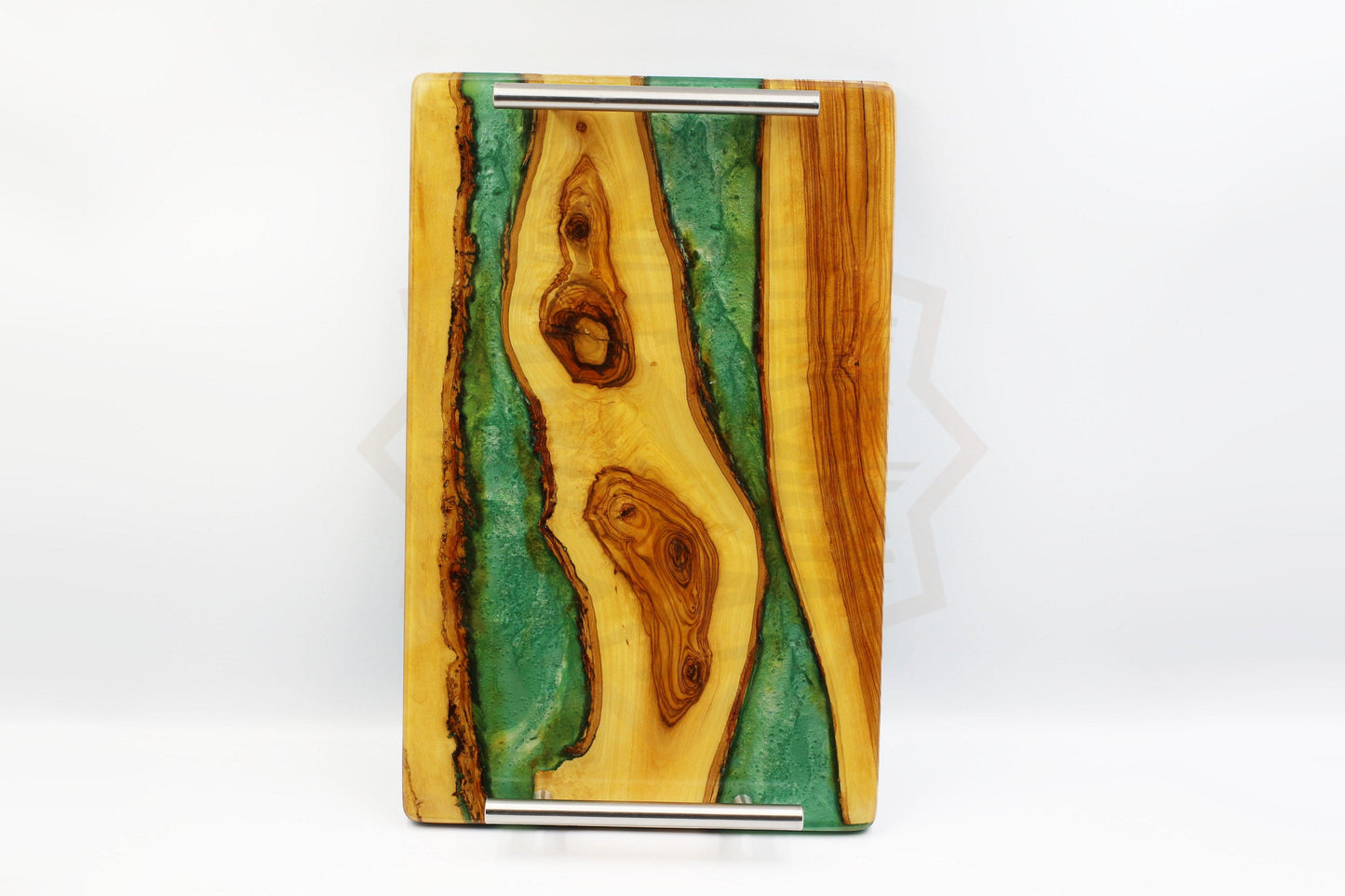 Rectangular olive wood serving tray with handles