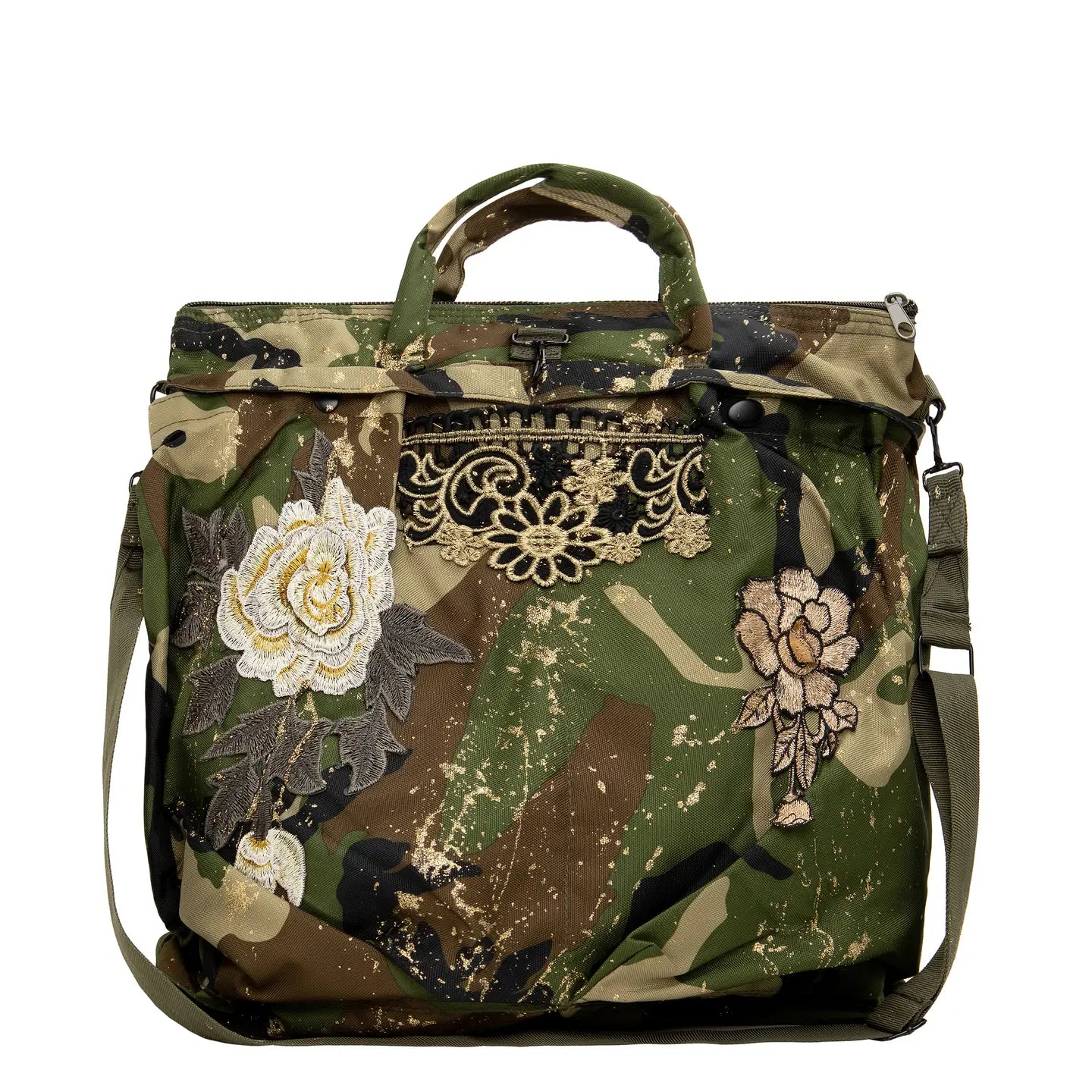 Handbemalte Militärtasche mit Einsätzen und Applikationen