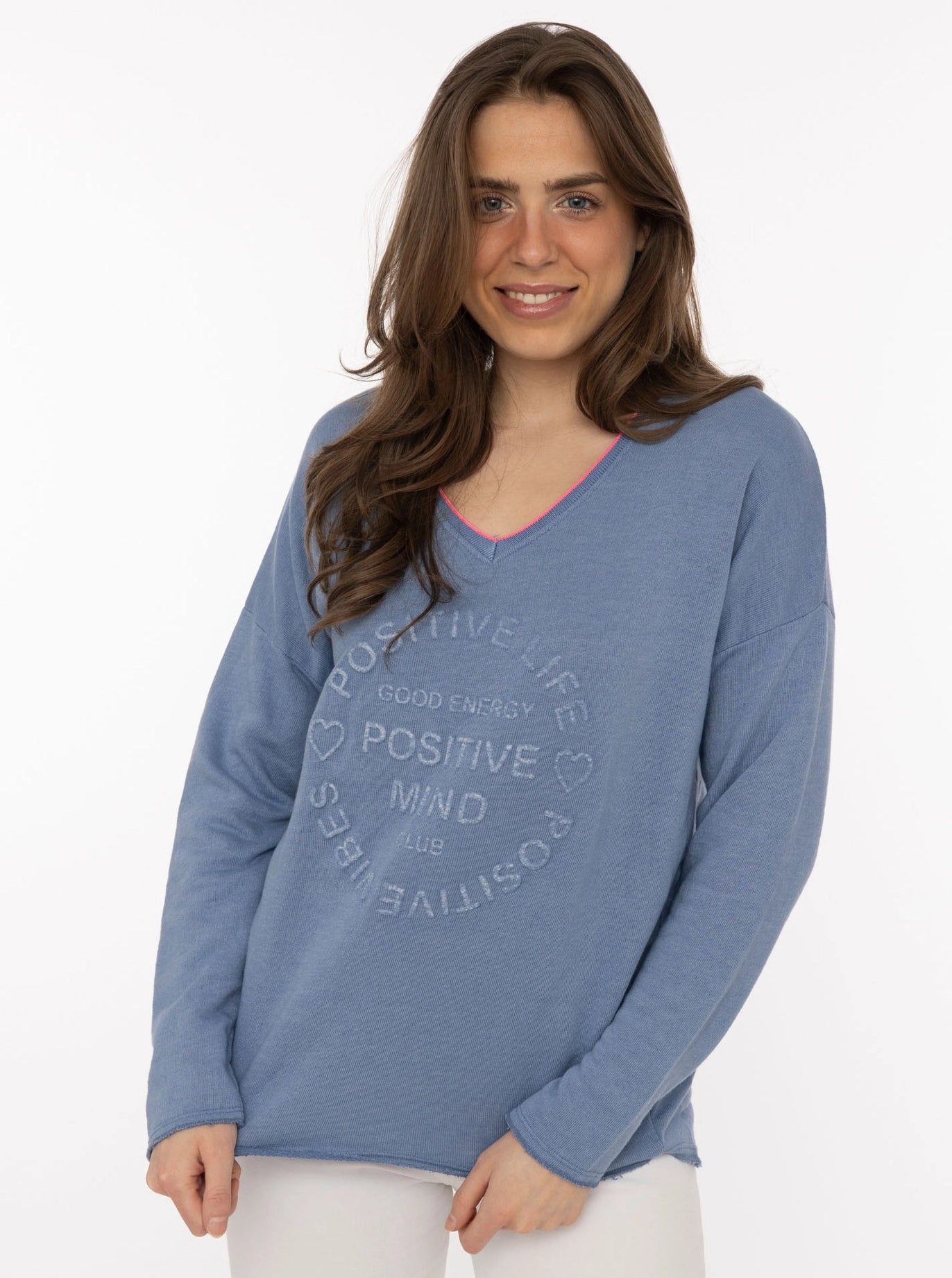 Sweat Pullover Neonkante "Positive Mind" Jeansblau