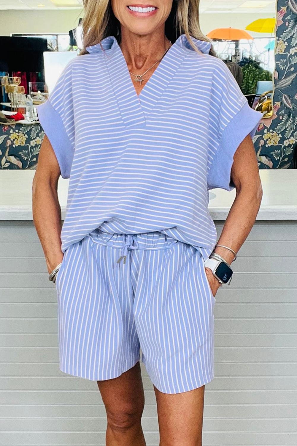 Sky Blue Striped Dolman Sleeve Pullover and Drawstring Shorts Set