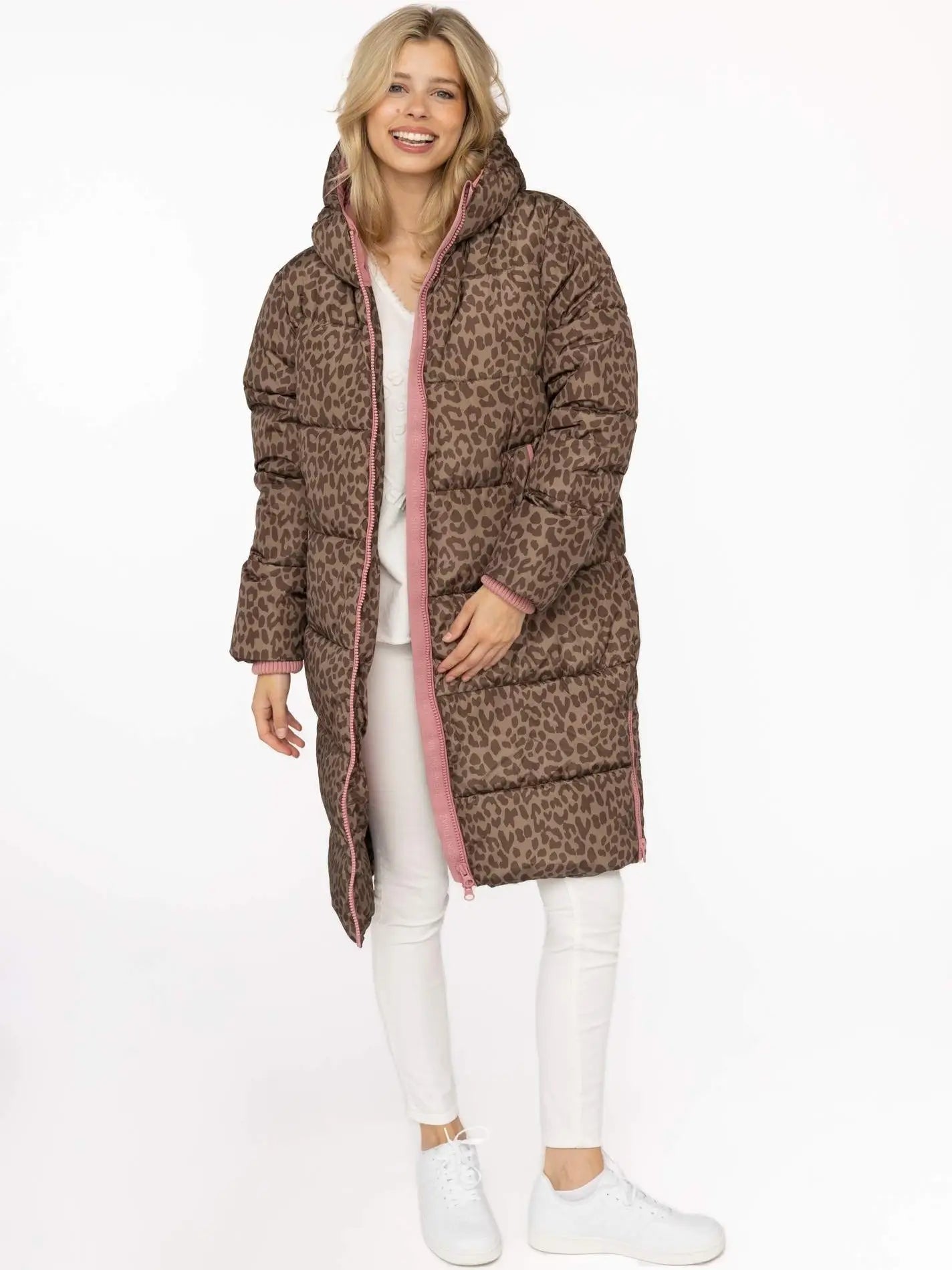 Langer Steppmantel "Leo AOP" Taupe